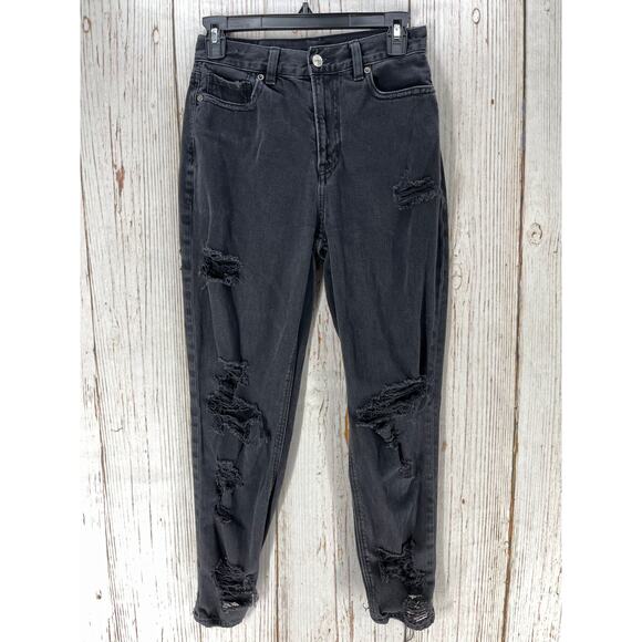 American Eagle Mom Jeans Womens Size 2 Gray Denim Distressed Ripped High Rise - Picture 1 of 9